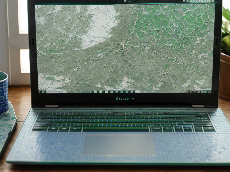 Pantalla de laptop con un raster verde cargado en RStudio usando el paquete terra